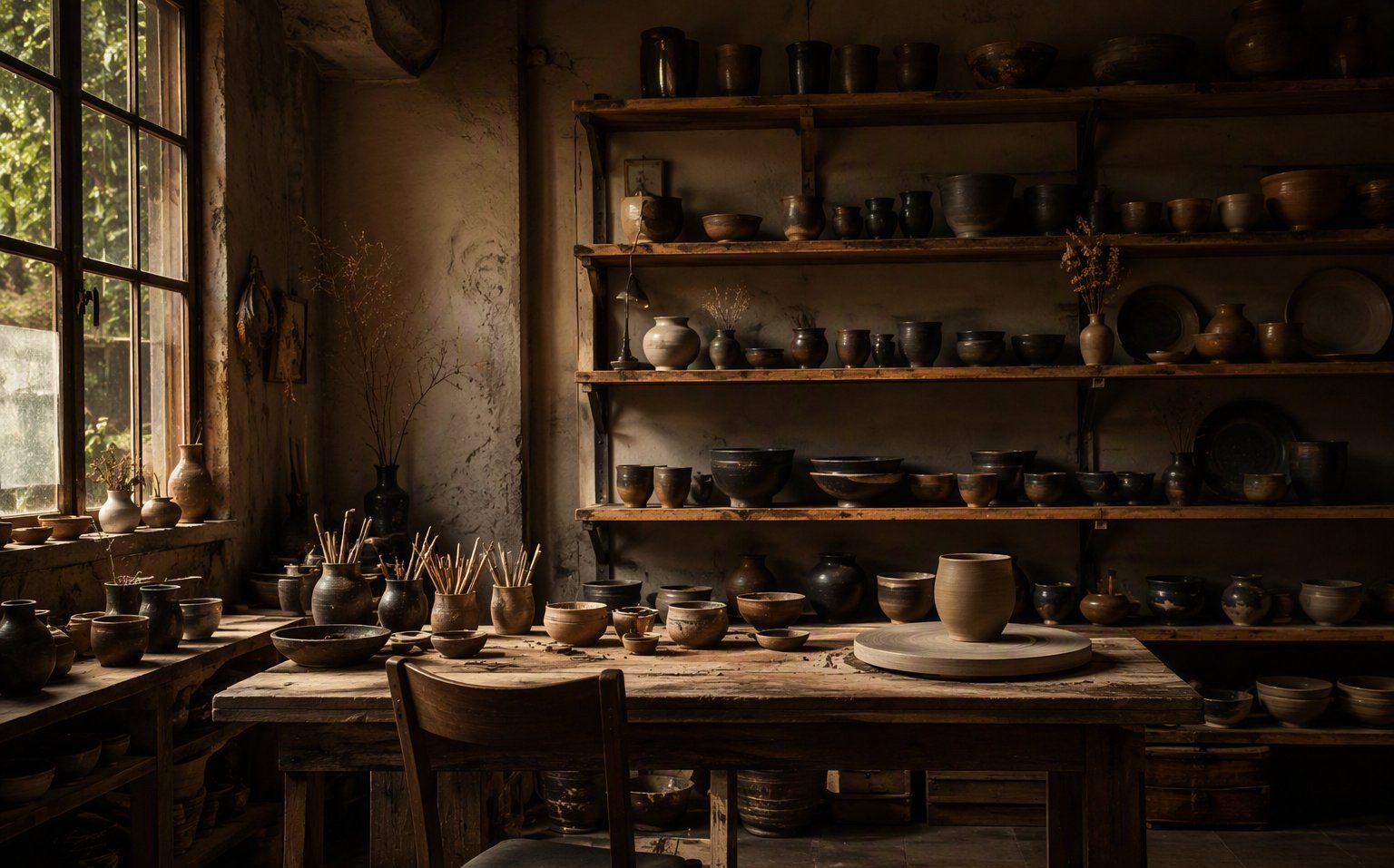 L'atelier et ses étagères de céramiques — démonstration