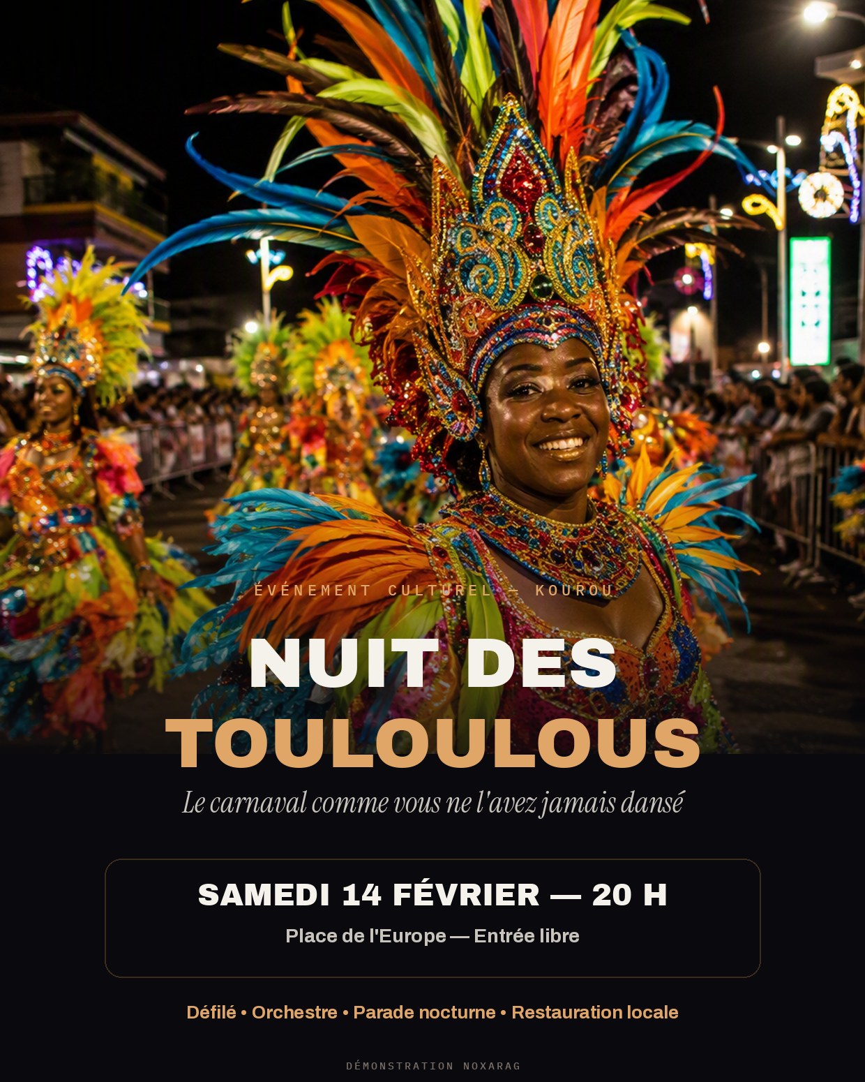 Affiche pour une nuit de carnaval fictive en Guyane avec parade de touloulous — démonstration imaginée par Noxarag