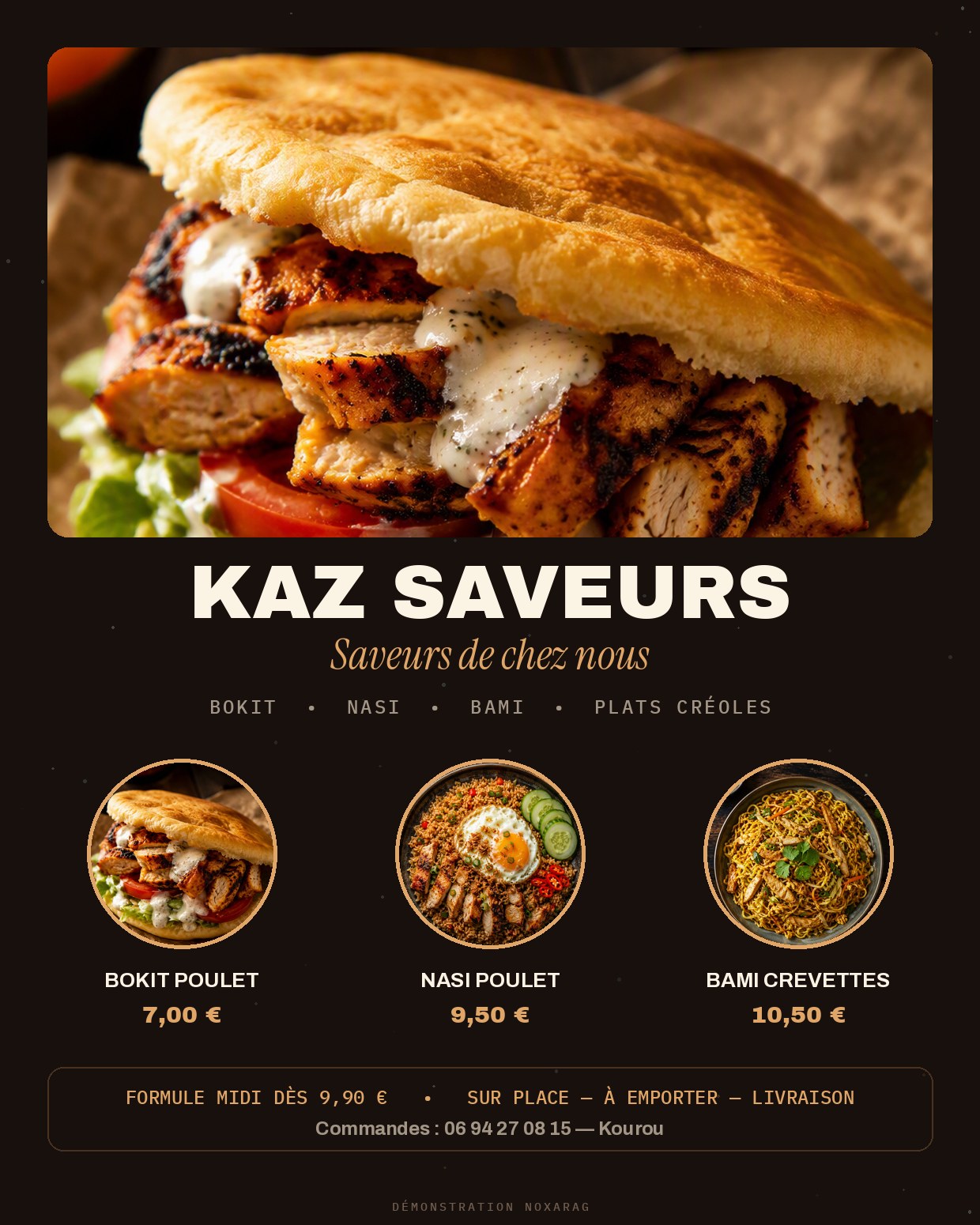 Affiche premium pour un restaurant guyanais avec bokit, nasi et bami — démonstration imaginée par Noxarag
