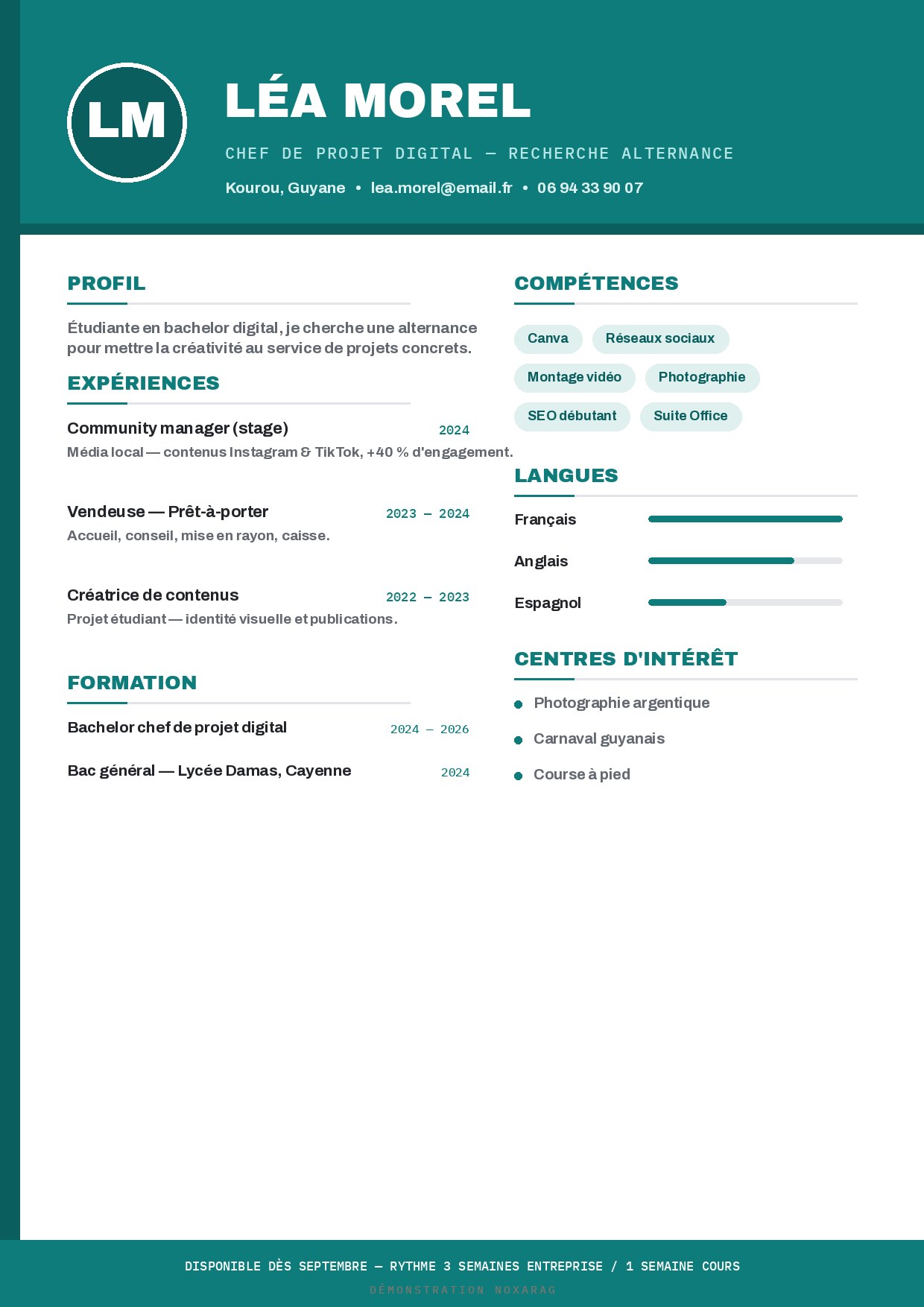CV moderne turquoise pour étudiante en recherche d’alternance — démonstration imaginée par Noxarag