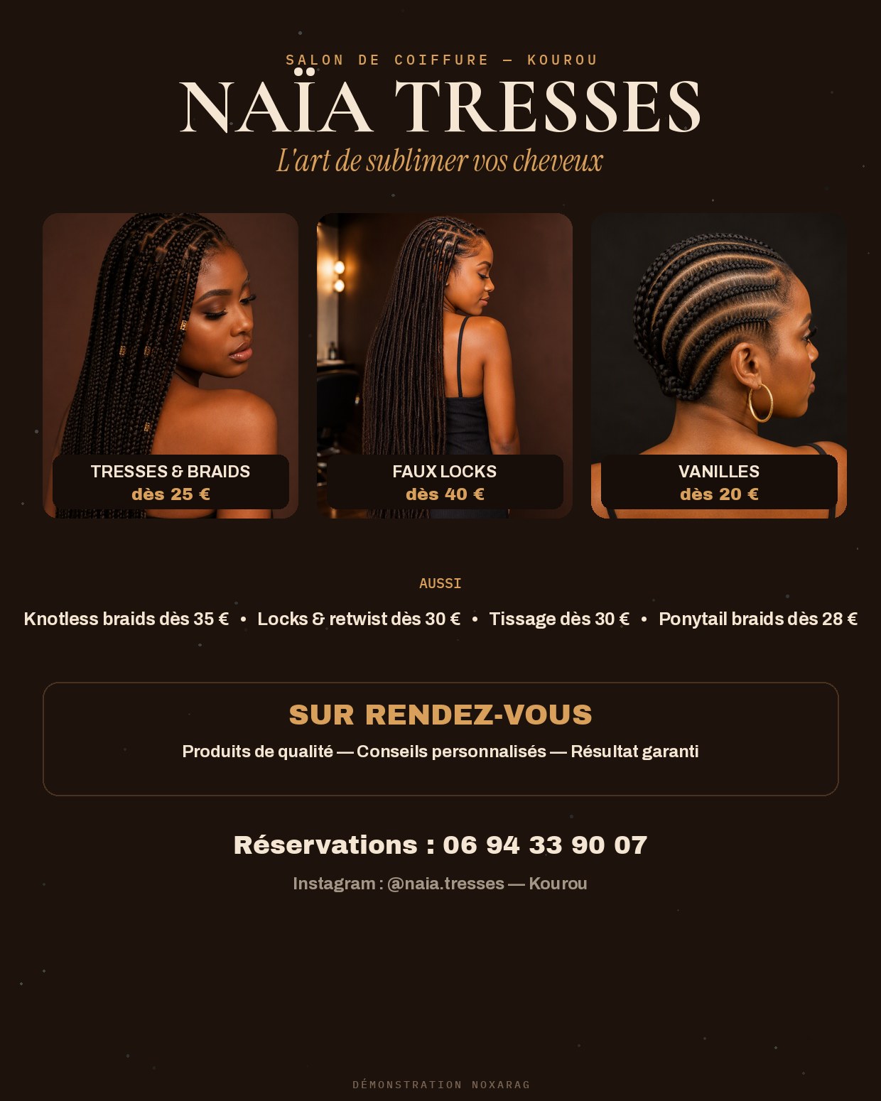 Flyer pour un salon de coiffure avec tresses, faux locks et vanilles — démonstration imaginée par Noxarag