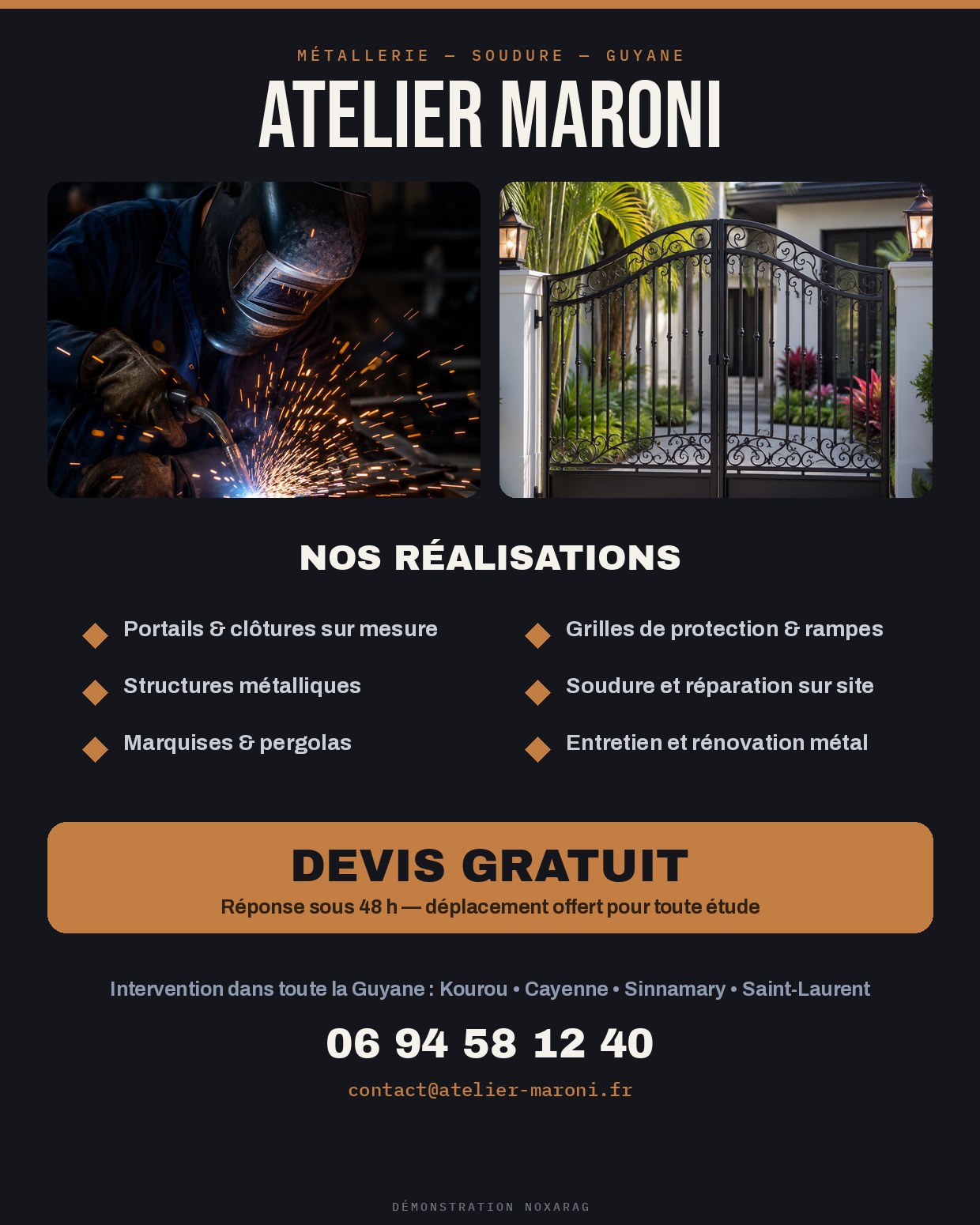Prospectus pour une entreprise fictive de métallerie et soudure en Guyane — démonstration imaginée par Noxarag